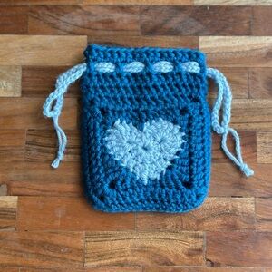 Handmade Blue Crochet Pouch with Heart Design